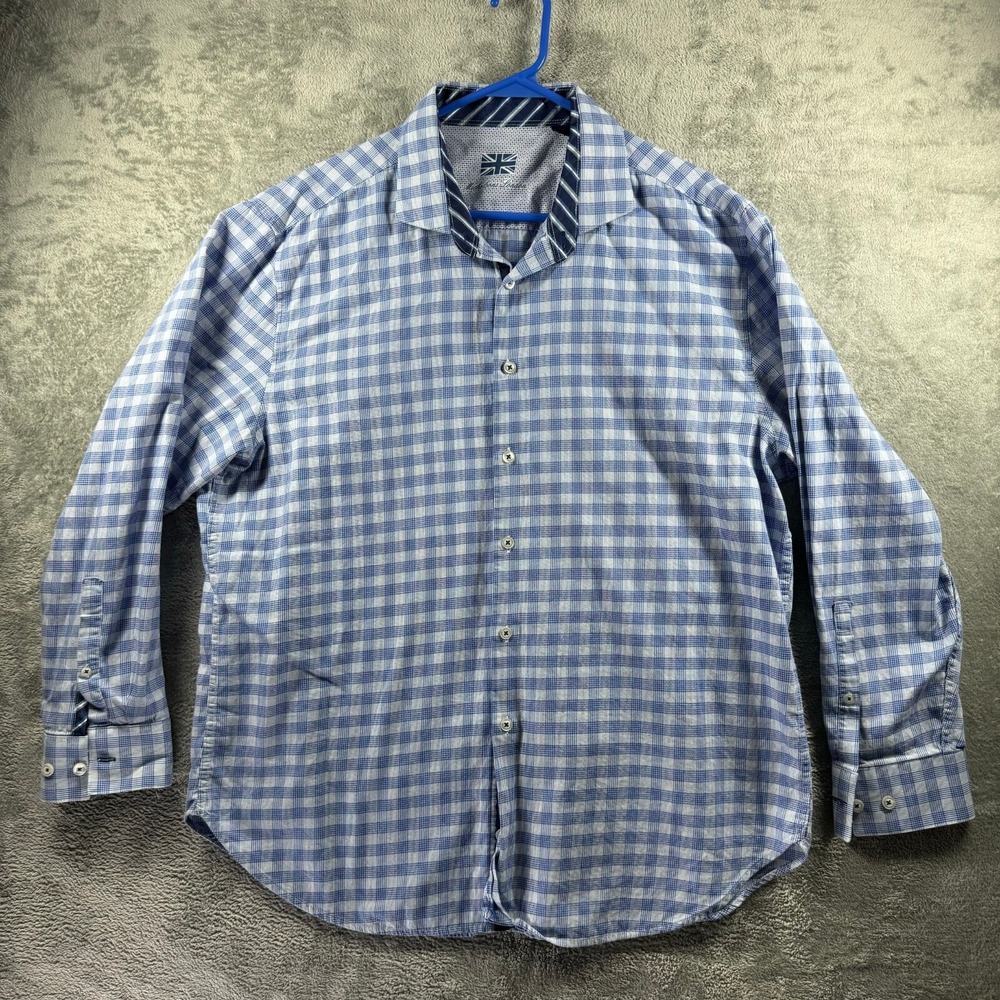 Michelsons London Mens XL Blue Checkered Long Sleeve Button Down Dress Shirt - Picture 4 of 9